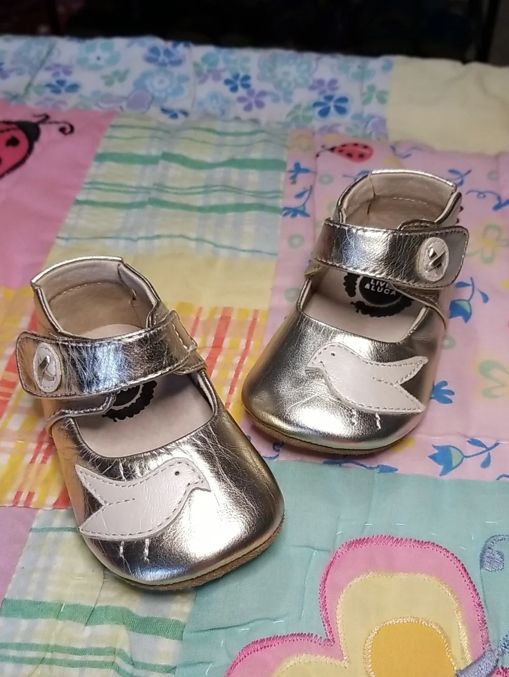 Livie & Luca Metallic Leather Mary Janes with White Leather Bird 0-6 Month Pio